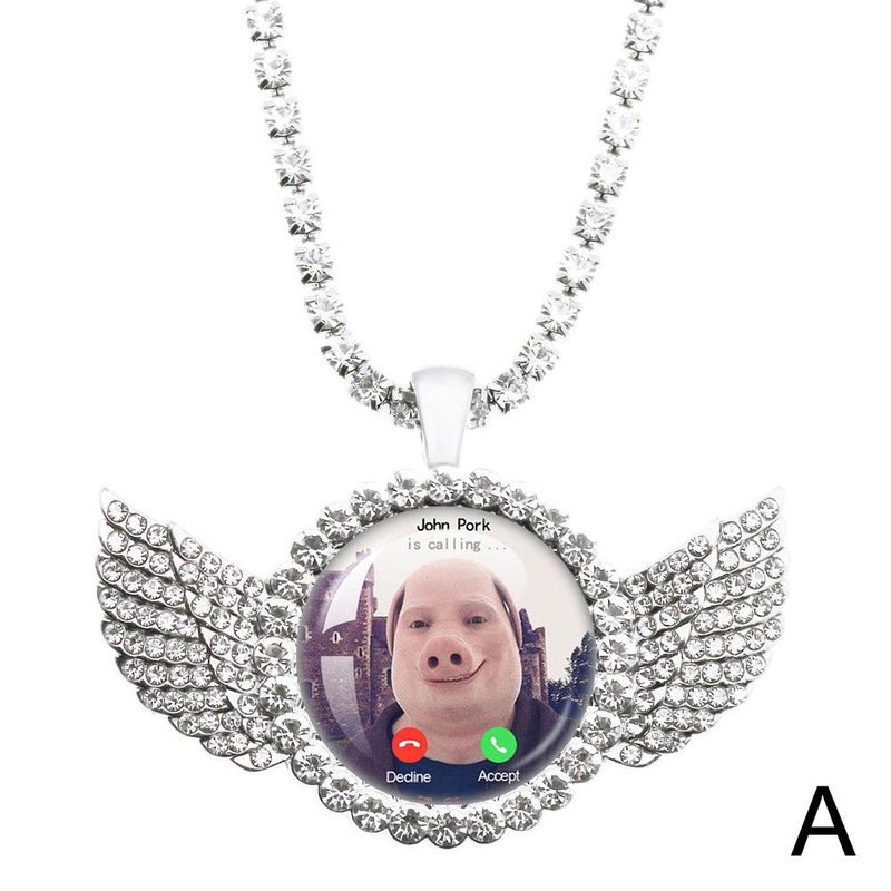 Humorous and funny pig-themed graphic moon necklace with angel wings pendant necklace
